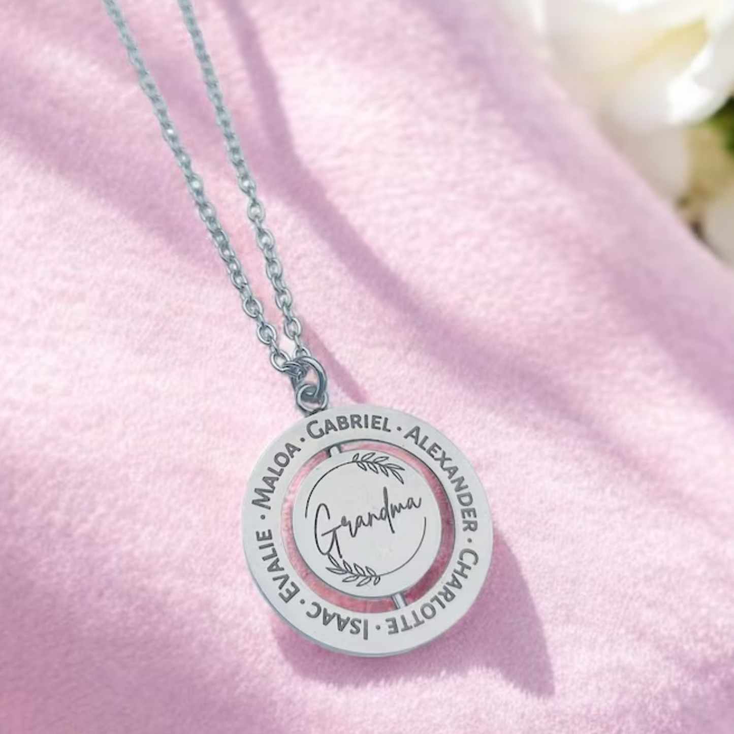 Personalized Rotating Circle Necklace For Grandma Abuela Mom Or Nanni With Names Revealed On Spinning Center, 14K Gold Plated Rose Gold Or Silver Stainless Steel