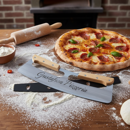 Personalized Rocking Pizza Cutter With Wood Handles And Protective PP Cover For Effortless Slicing And Safe Storage