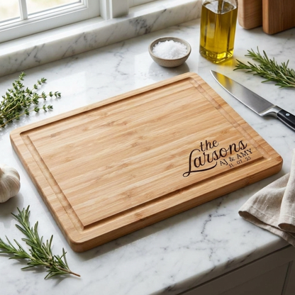 Personalized Bamboo Or Acacia Chopping Block Cutting Board, Thick Sturdy And Solid Charcuterie And Serving Board In Medium Or Large, Family Name Kitchen Decor