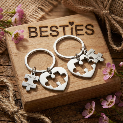 Personalized Stainless Steel Puzzle Keychain Set For Best Friends/ BFF/ Besties Names or Dates Gift – Best Friends Are Like Puzzle Pieces