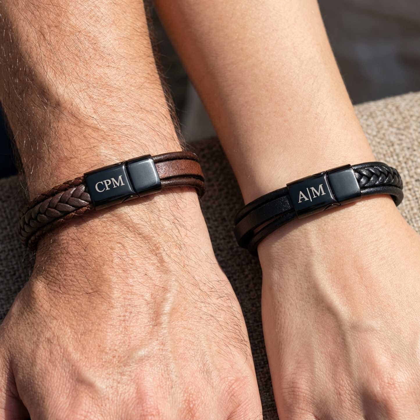 Personalized 5 Strand Bracelet With Magnetic Closure In Black Or Brown, Add Monogram Initials On Clasp, Multi Strand Jewelry For Him Or Her