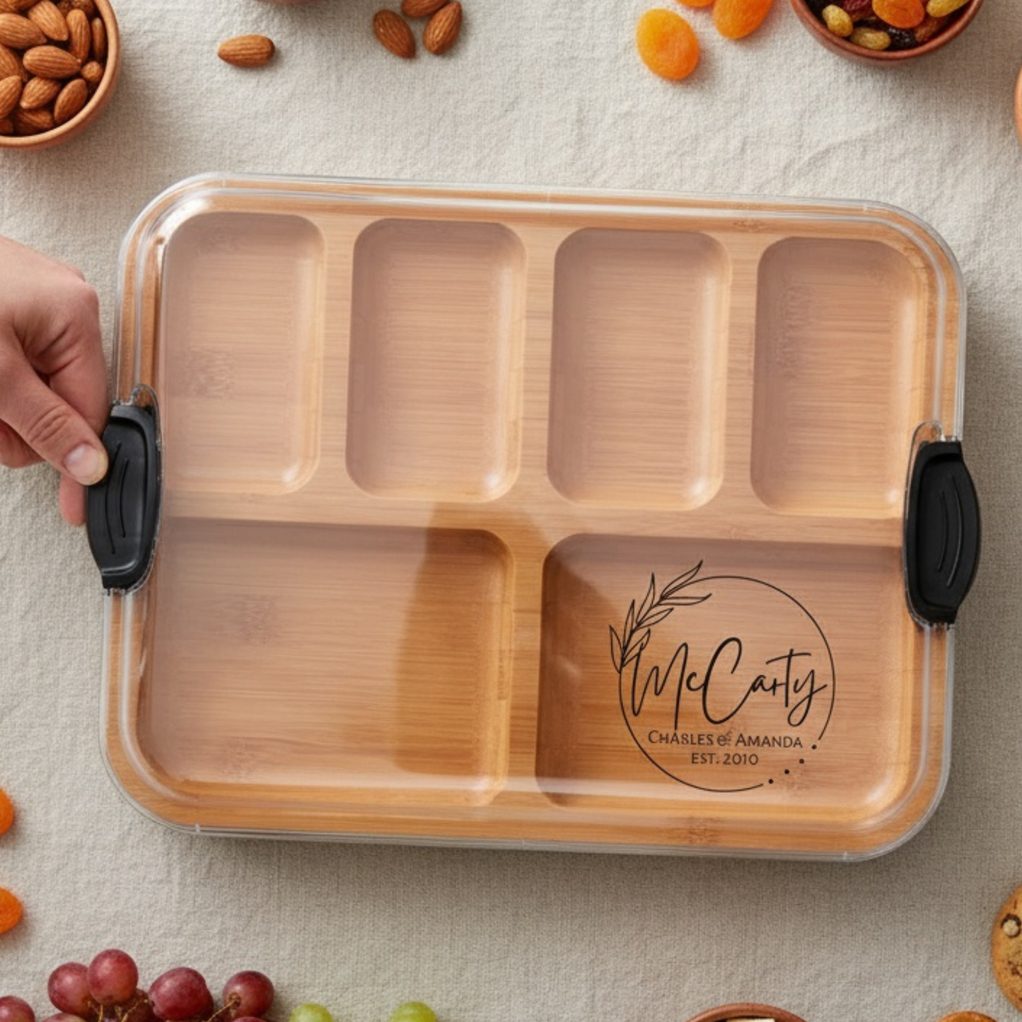 Personalized charcuterie serving build-a-board with secure locking clear plastic lid for easy transport and mess free entertaining