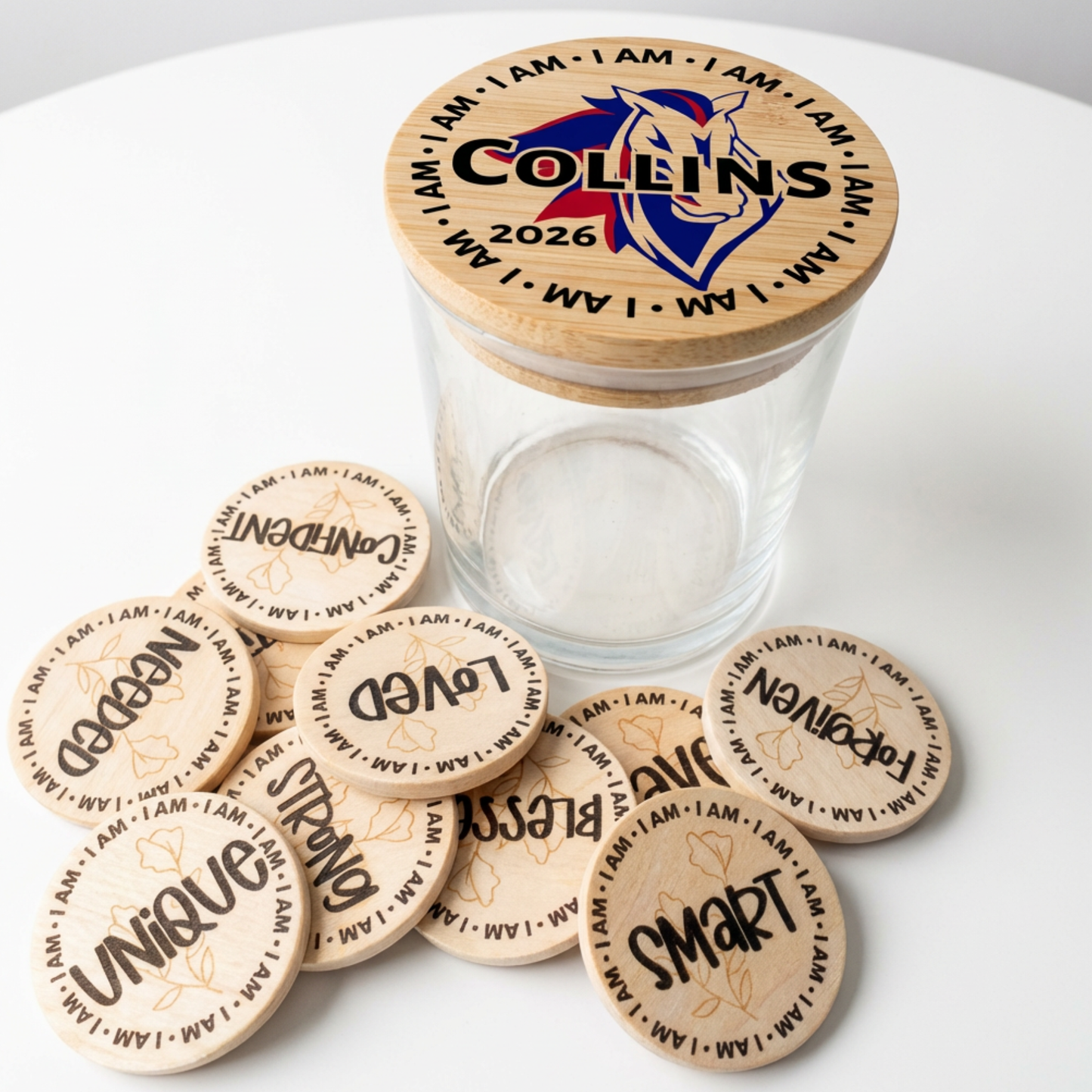 Personalized Affirmation Jar and Token Set for Classroom SEL Learning with Custom Lid | Teacher Social Emotional Learning Daily Encouragement | Choose Flower Color or Custom Design | Student Confidence Building Tokens