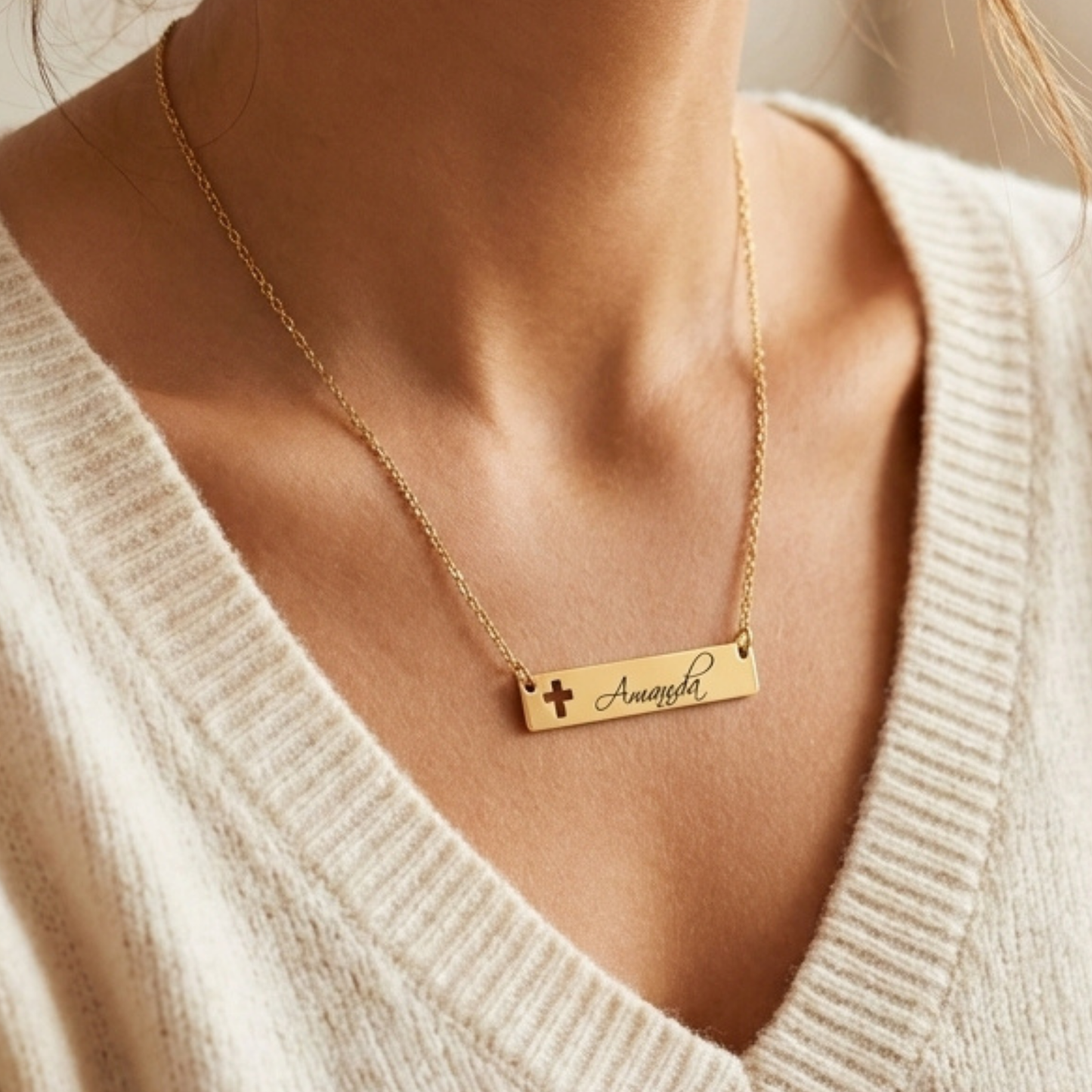 Personalized Cross Cutout Horizontal Bar Necklace In Silver Or Gold With Single Or Double Sided Personalization For Meaningful Faith Jewelry