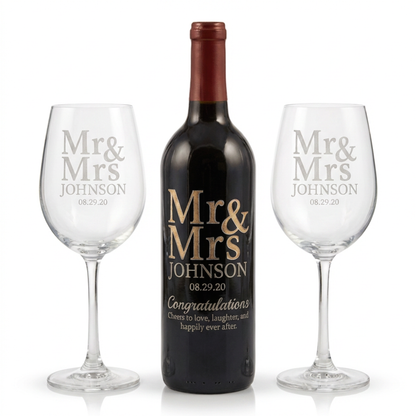 Personalized Sandblasted Wine Bottle Etching With Optional Two 15OZ Stemless Or Two 19OZ Stemmed Glasses For Anniversaries Weddings And Special Memories