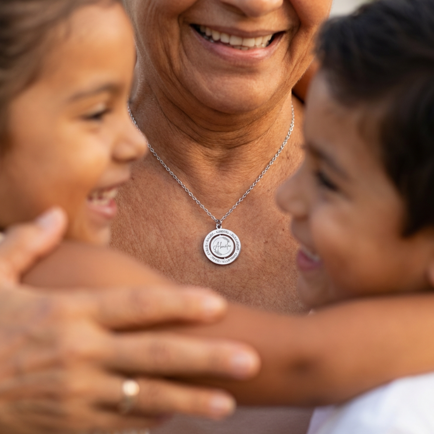 Personalized Rotating Circle Necklace For Grandma Abuela Mom Or Nanni With Names Revealed On Spinning Center, 14K Gold Plated Rose Gold Or Silver Stainless Steel