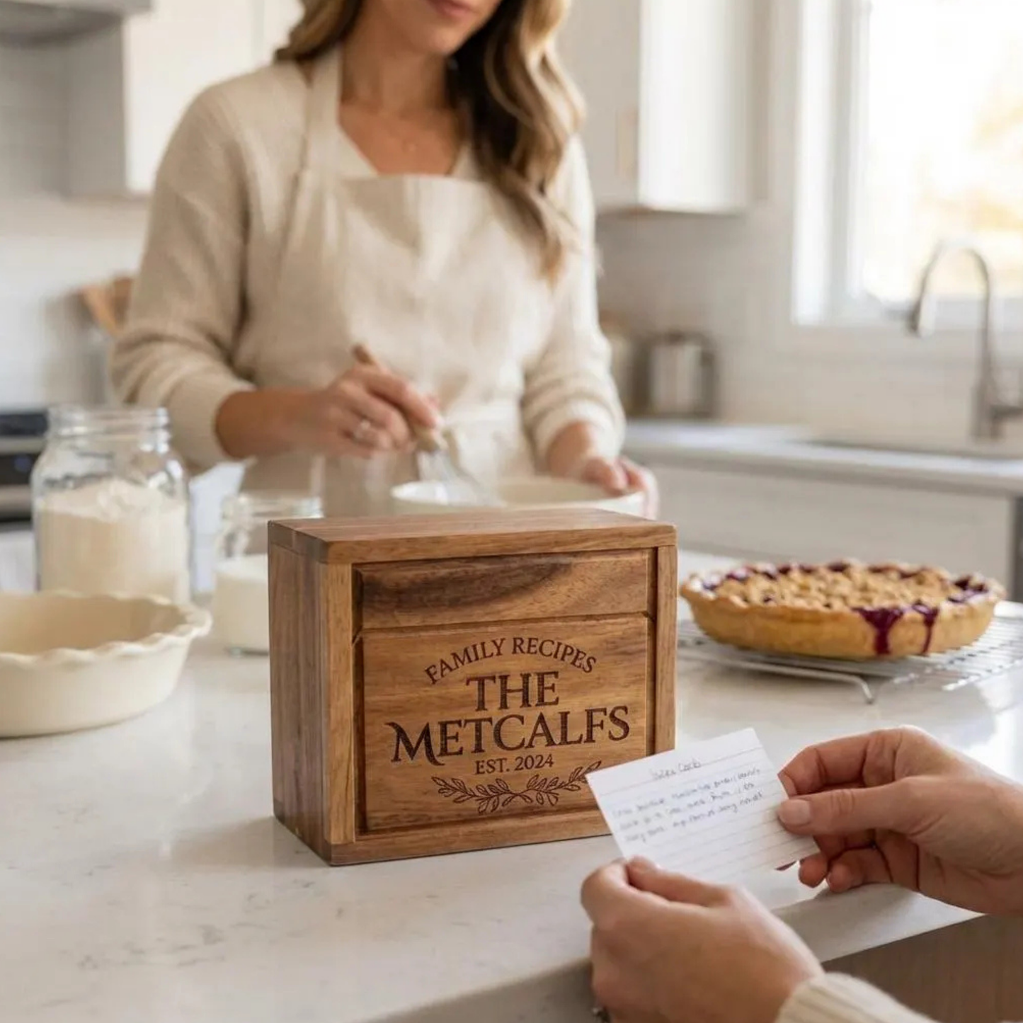 Personalized Acacia Wood Heirloom Recipe Box For 4x6 Or 3x5 Cards, Family Name Keepsake Kitchen Decor And Recipe Storage Organizer