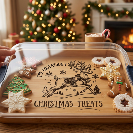 Personalized Christmas Reindeer |  Build-a-Board Cutting Board with Compartments and Clear Locking Lid for Charcuterie, Snacks