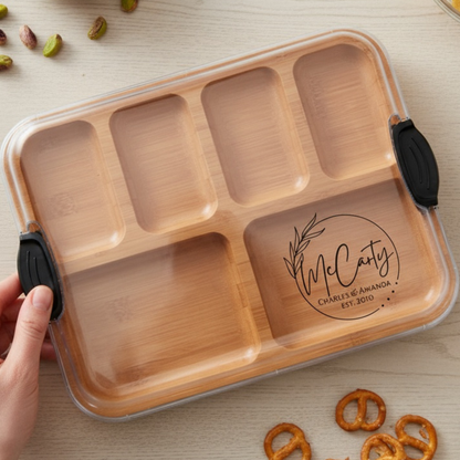Personalized charcuterie serving build-a-board with secure locking clear plastic lid for easy transport and mess free entertaining