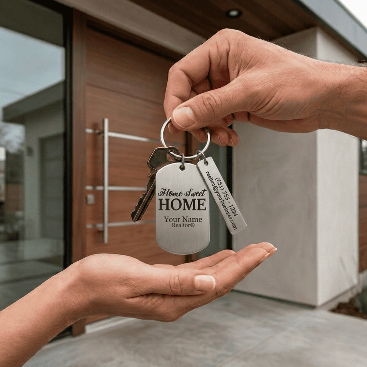 Premium metal REALTOR marketing keychain with personalized double sided rectangle tags for elevated branding with QR code & 12 Design Options