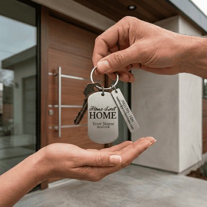 Premium metal REALTOR marketing keychain with personalized double sided rectangle tags for elevated branding with QR code & 12 Design Options