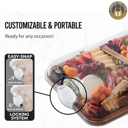 Personalized charcuterie serving build-a-board with secure locking clear plastic lid for easy transport and mess free entertaining