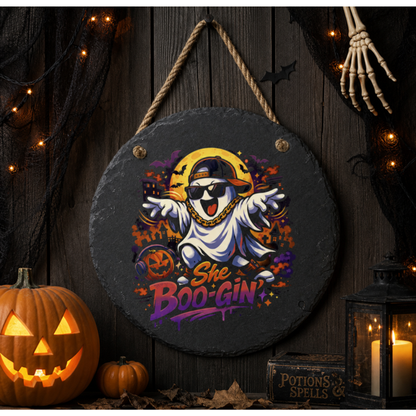 She Boo-Gin Halloween Slate Sign Rectangle Or Round With Ghost Pumpkin Or Skeleton Meme Art Hip Hop Vibes Trendy Home Decor Gift