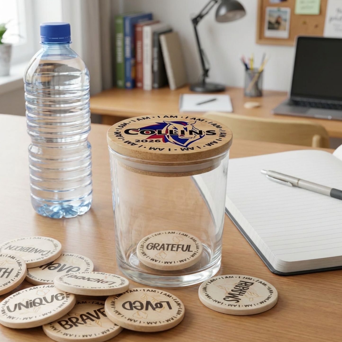 Personalized Affirmation Jar and Token Set for Classroom SEL Learning with Custom Lid | Teacher Social Emotional Learning Daily Encouragement | Choose Flower Color or Custom Design | Student Confidence Building Tokens
