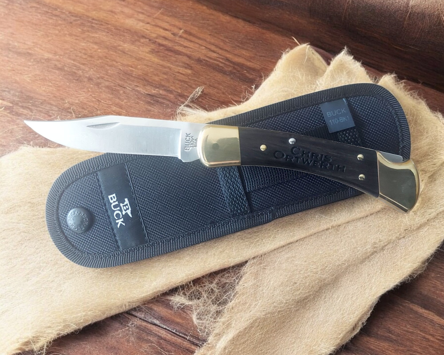 Personalized Buck 110 Folding Hunter Knife 420HC Steel Clip Point Ebony Handle Brass Bolsters With Black Leather Sheath For Camping Hunting And Eagle Scouts