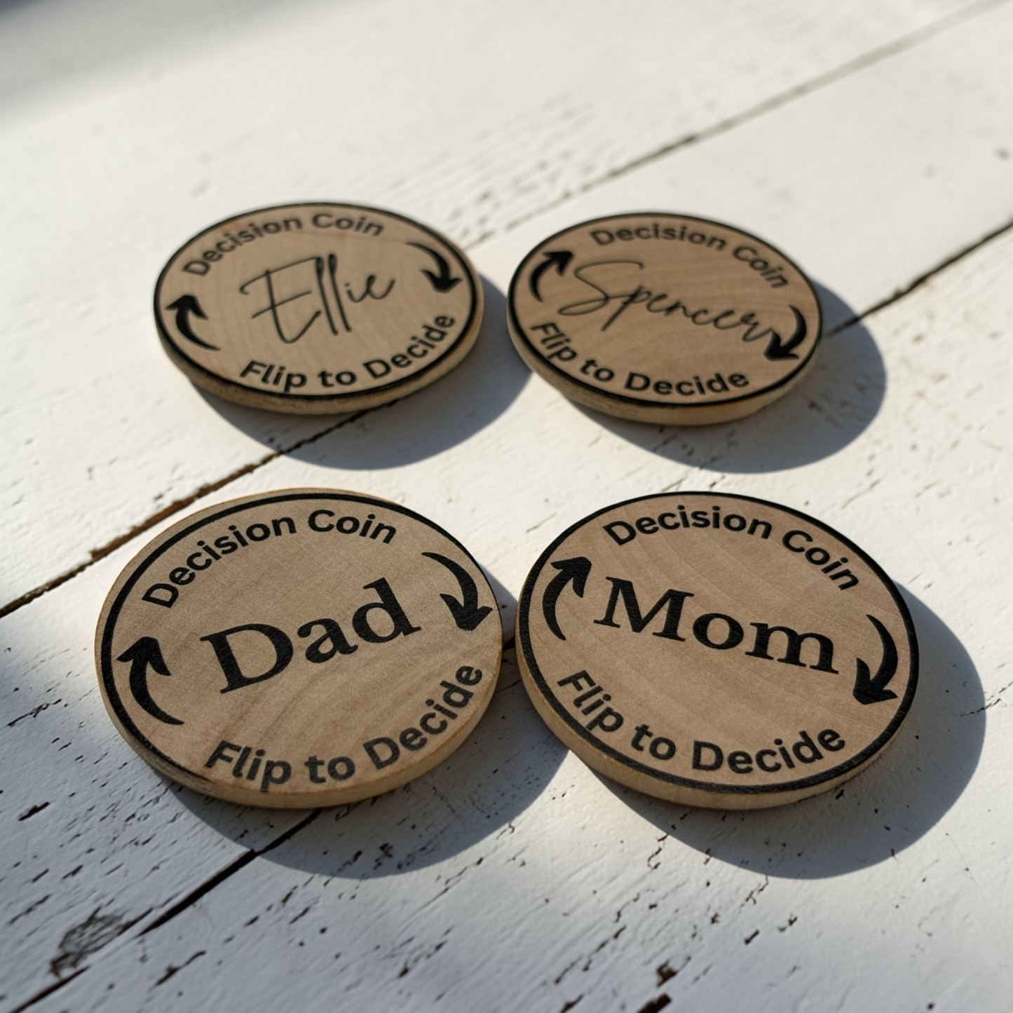 Personalized Wooden Decision Flip Coin Token For Parents And Kids, Fun Family Choice Maker, Double Sided Pocket Keepsake