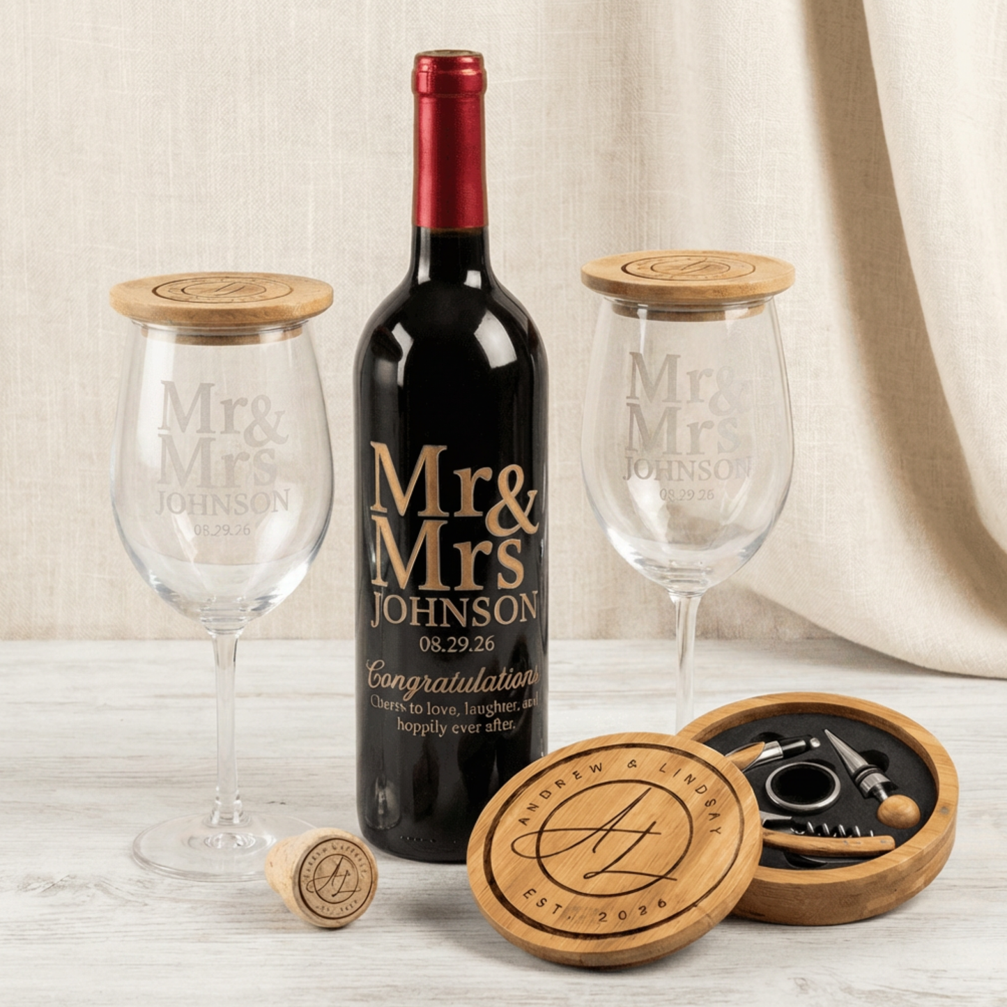 Luxury Personalized Wine Gift Set Custom Sandblasted Wine Bottle with Gold Inlay, Etched Glasses & Wine Accessories- Wedding, Anniversary, Special Memories Keepsake