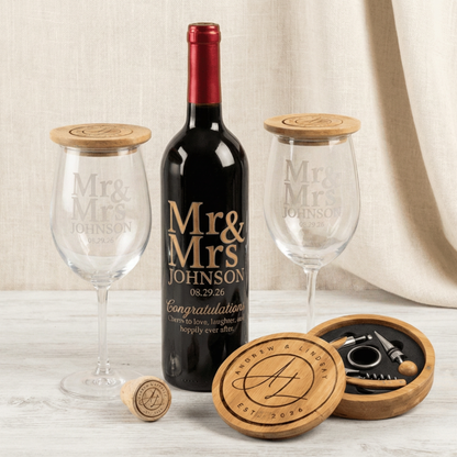 Luxury Personalized Wine Gift Set Custom Sandblasted Wine Bottle with Gold Inlay, Etched Glasses & Wine Accessories- Wedding, Anniversary, Special Memories Keepsake