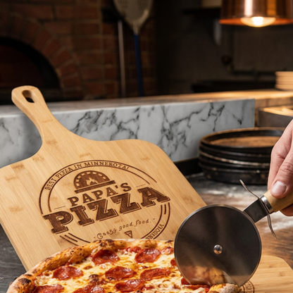 Personalized 2 Pcs Pizza Board With Cutter Set, Engraved Pizza Gift For Pizza Lovers- Choice Of 3 Boards & Two Blades- Custom Pizza Peel Set