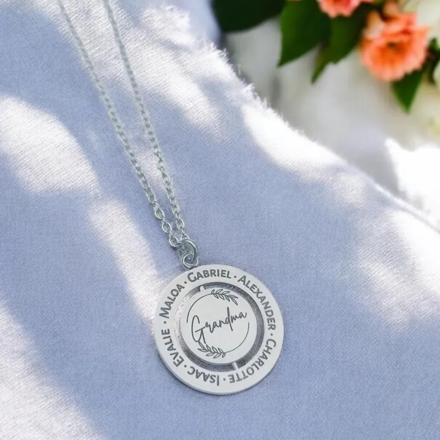 Personalized Rotating Circle Necklace For Grandma Abuela Mom Or Nanni With Names Revealed On Spinning Center, 14K Gold Plated Rose Gold Or Silver Stainless Steel