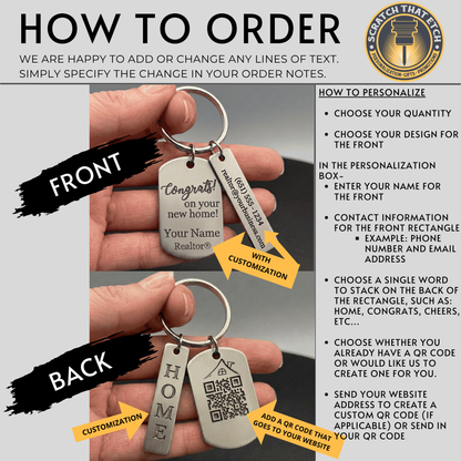 Premium metal REALTOR marketing keychain with personalized double sided rectangle tags for elevated branding with QR code & 12 Design Options
