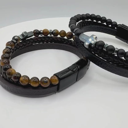 Personalized Three Strand Leather Bracelet With Cross- Engrave On The Magnetic Closure | Black Or Brown, Add Initials, Date, Or Coordinates