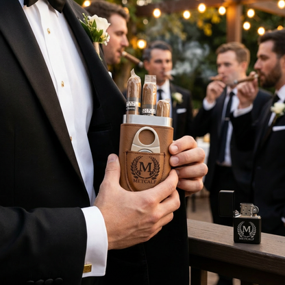 Personalized Cigar Case and Lighter Set for Groom, Groomsmen Gift, Wedding Cigar Station, Holds 3 Cigars, Father of Bride Gift