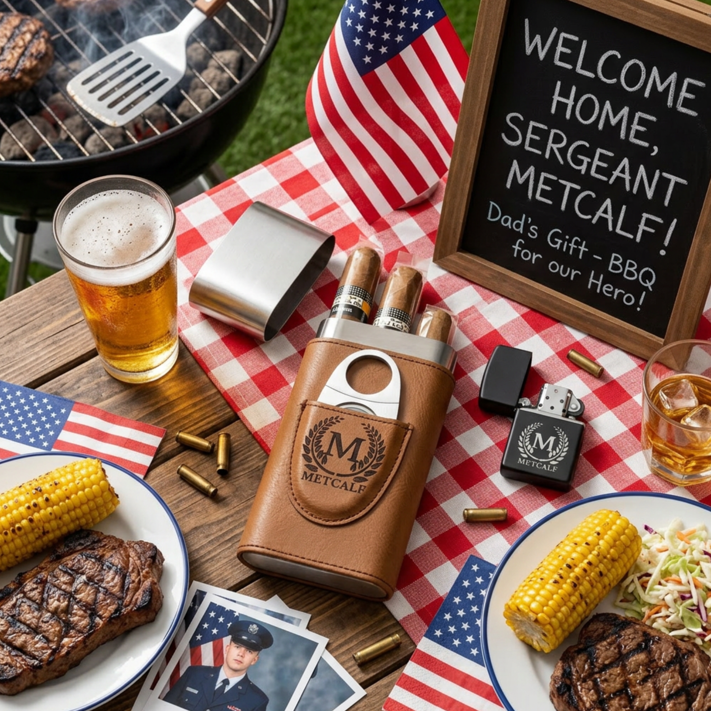Personalized Cigar Case and Lighter Set for Military Welcome Home, Gift for Son, Holds 3 Cigars, Deployment Homecoming Gift
